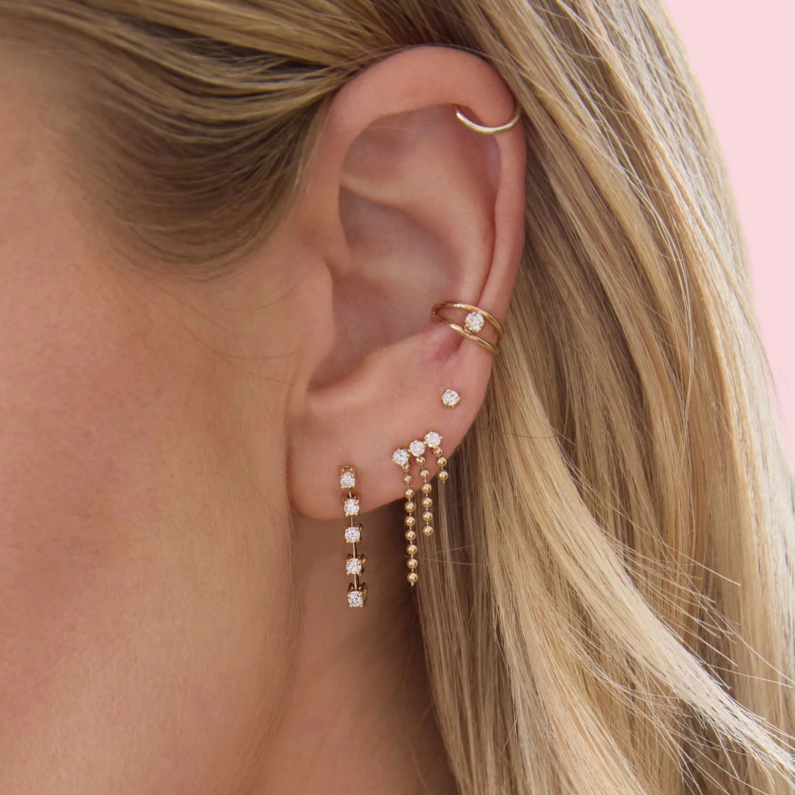 Prong Diamond & Bead Chain Waterfall Earrings