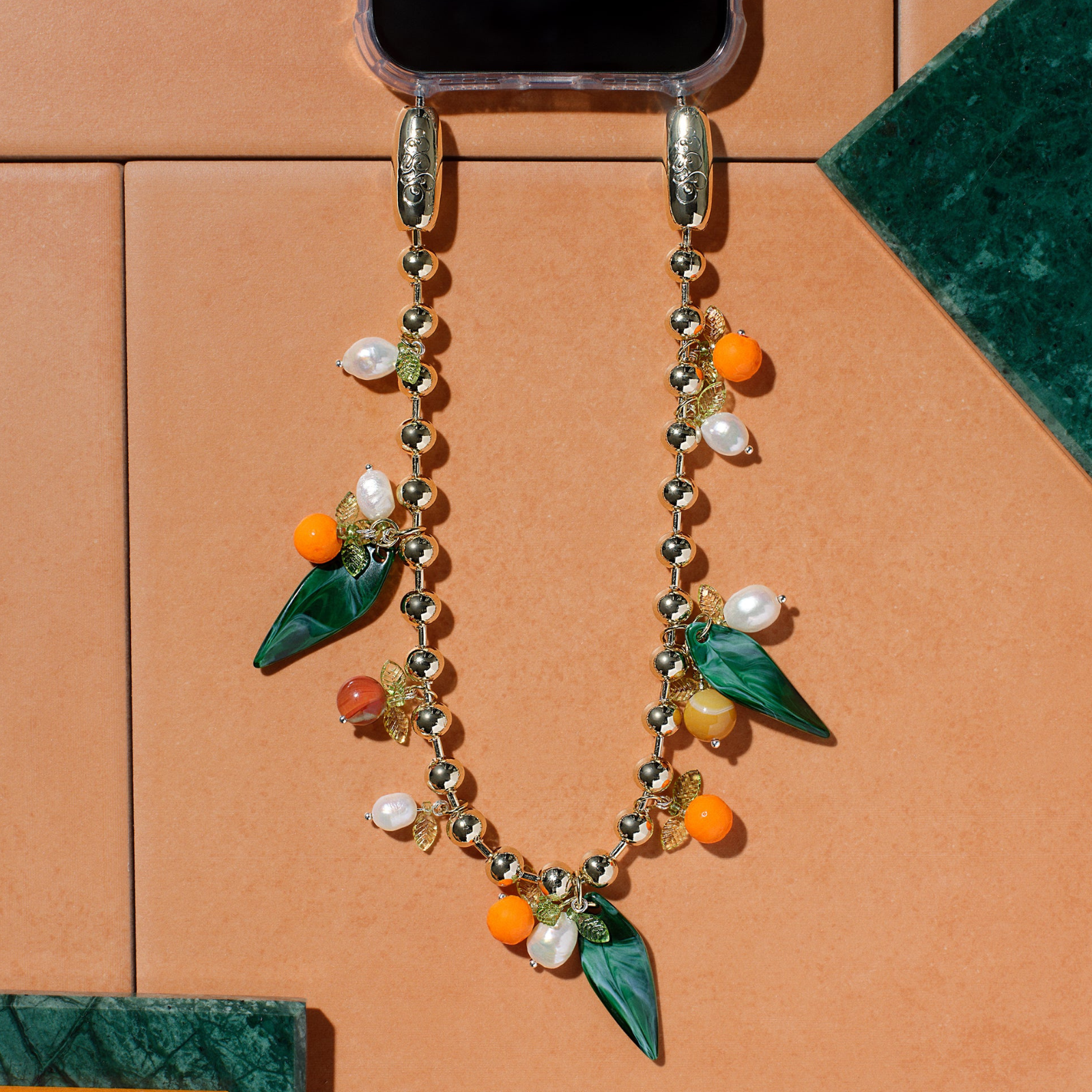 Orange and Pearl Ballchain Wristlet