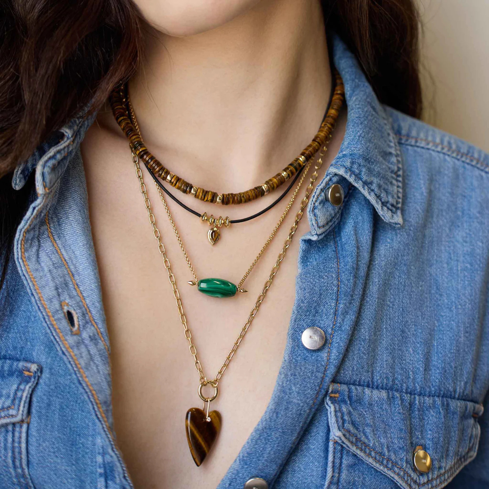 Pear Tiger Eye Pendant & Pointed Bead Leather Cord Necklace