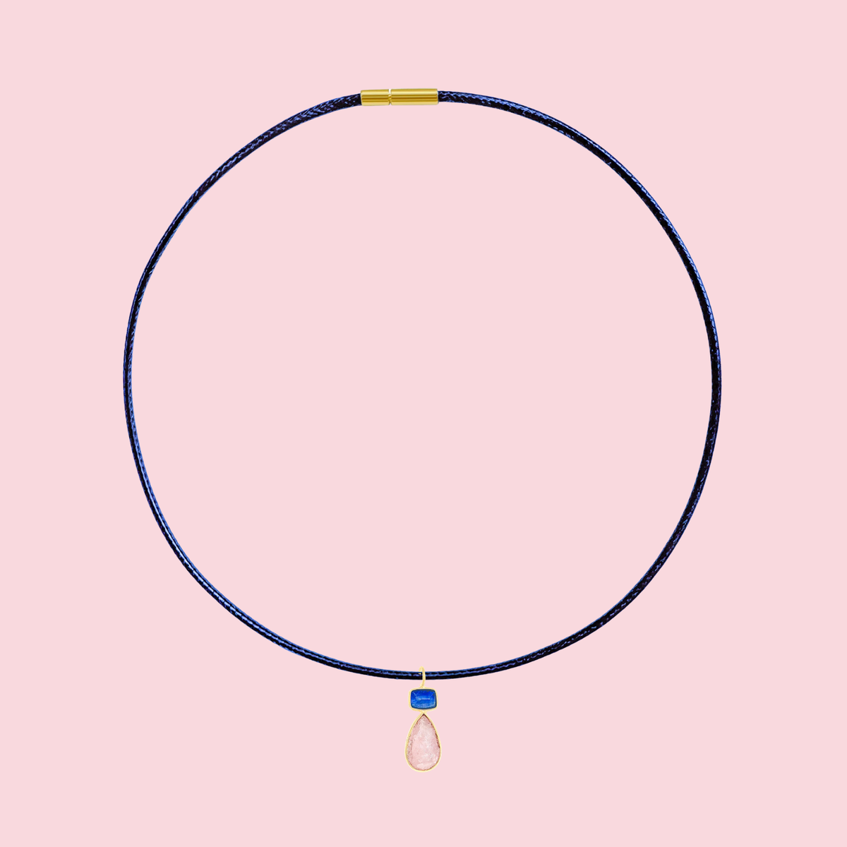 Morganite & Kyanite Charm on Navy Leather Cord