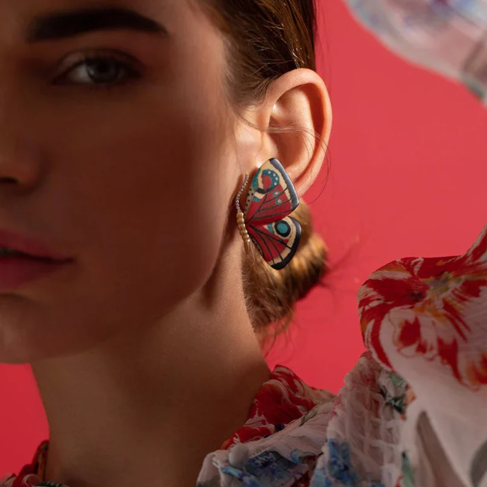 Marquetry Butterfly Earrings - Red