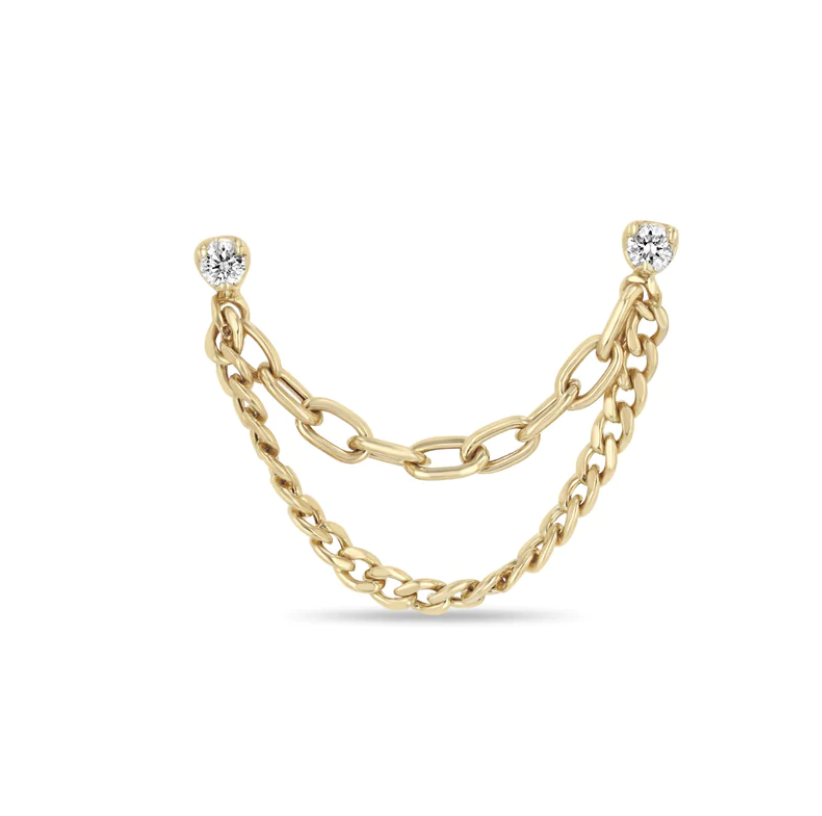 14K PRONG DIAMOND & MIXED CHAIN DOUBLE STUD EARRING - Millo