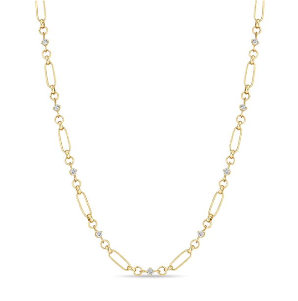 14K LINKED PRONG DIAMOND & MEDIUM PAPERCLIP ROLO CHAIN NECKLACE - Millo