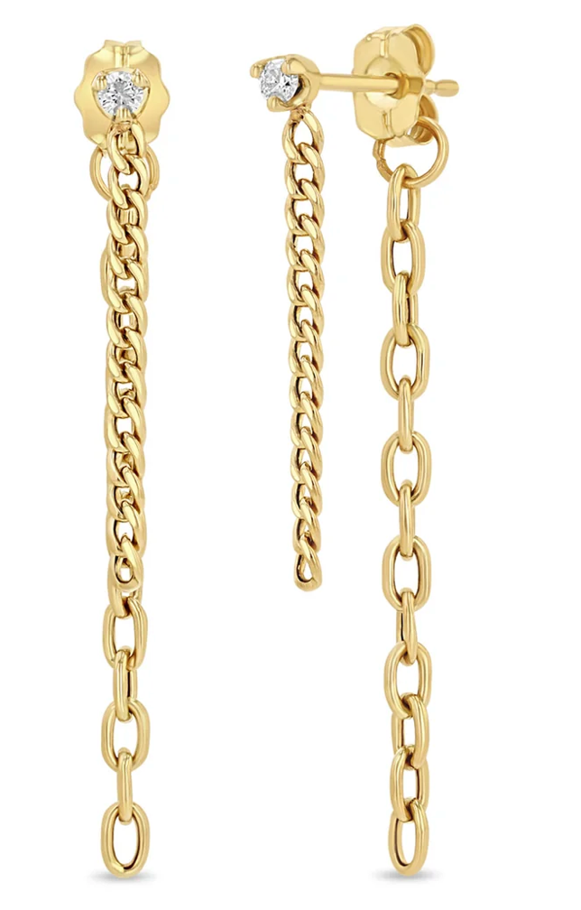 14K PRONG DIAMOND MIXED CHAIN DOUBLE DROP EARRINGS - Millo