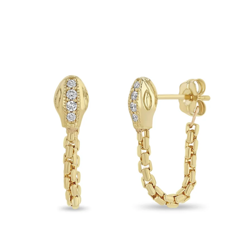 14KT PAVÉ DIAMOND SNAKE HEAD BOX CHAIN HUGGIE EARRINGS - Millo