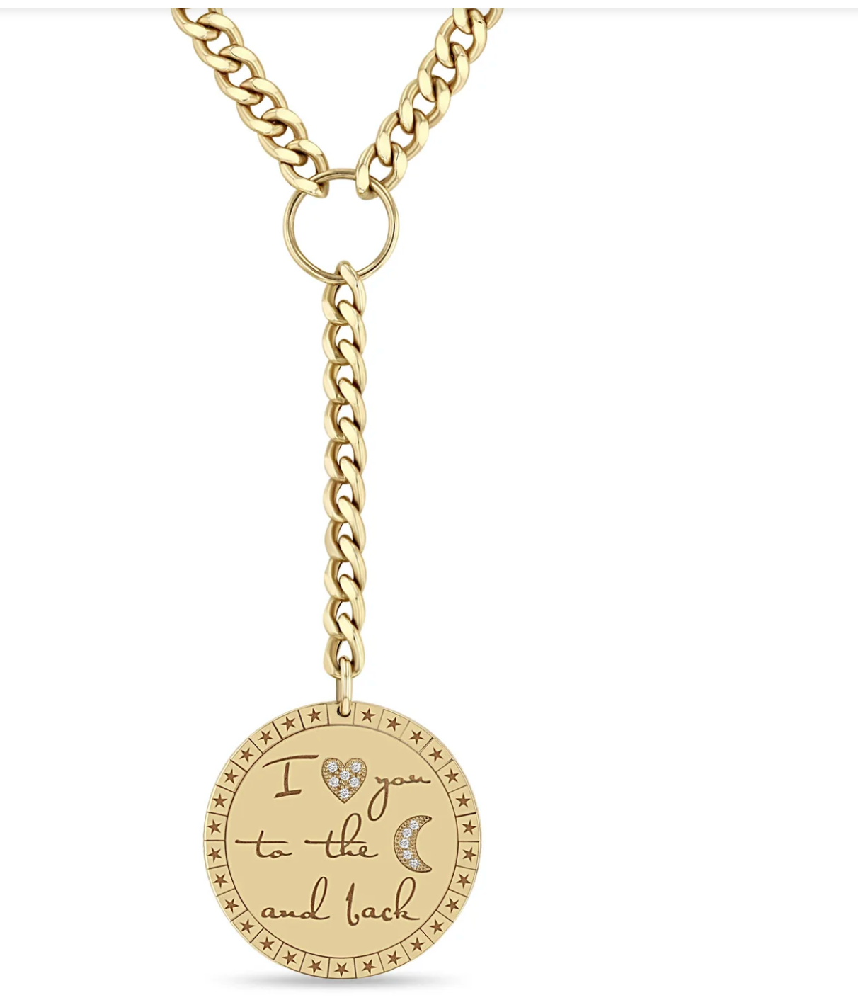 14K LARGE PAVÉ DIAMOND "I LOVE YOU TO THE MOON & BACK" MANTRA CURB CHAIN LARIAT NECKLACE - Millo
