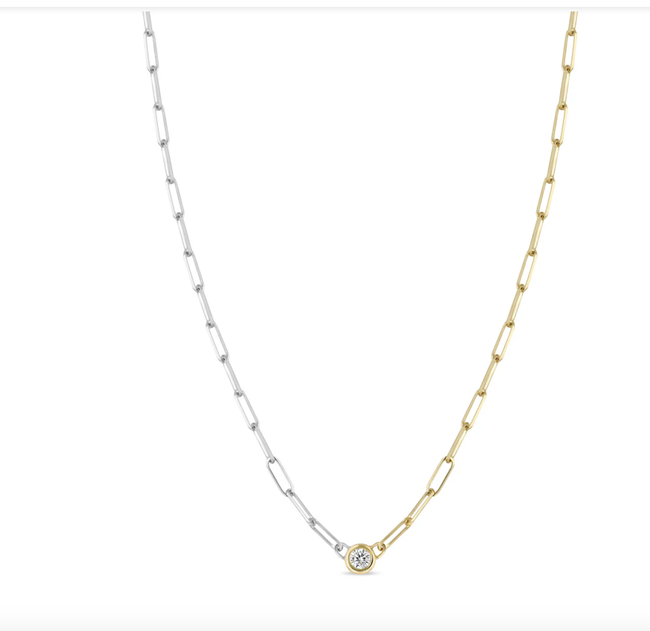 14K FLOATING DIAMOND TWO TONE GOLD SMALL PAPERCLIP CHAIN NECKLACE