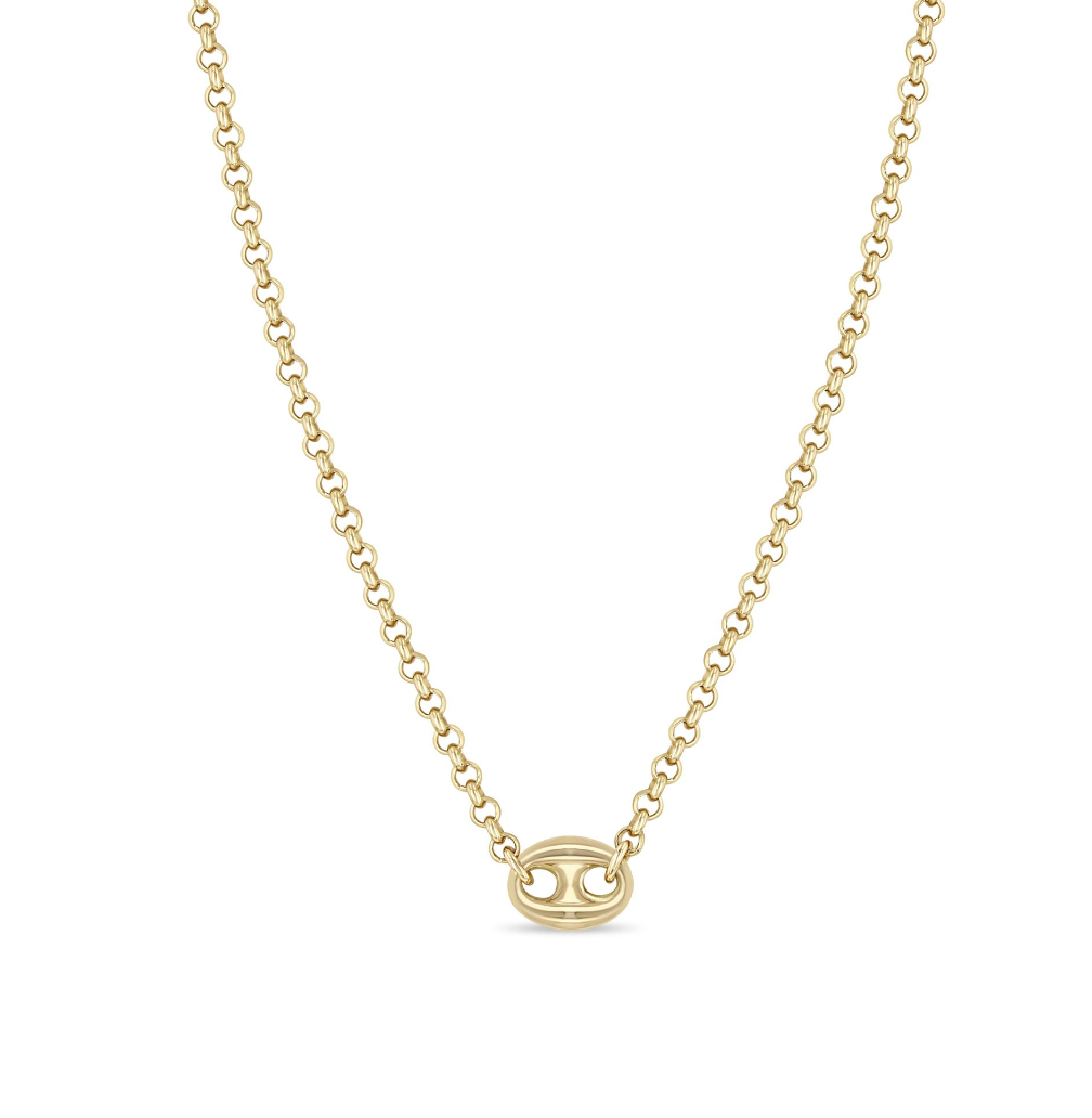 14K GOLD SMALL ROLO CHAIN WITH A LARGE MARINER LINK