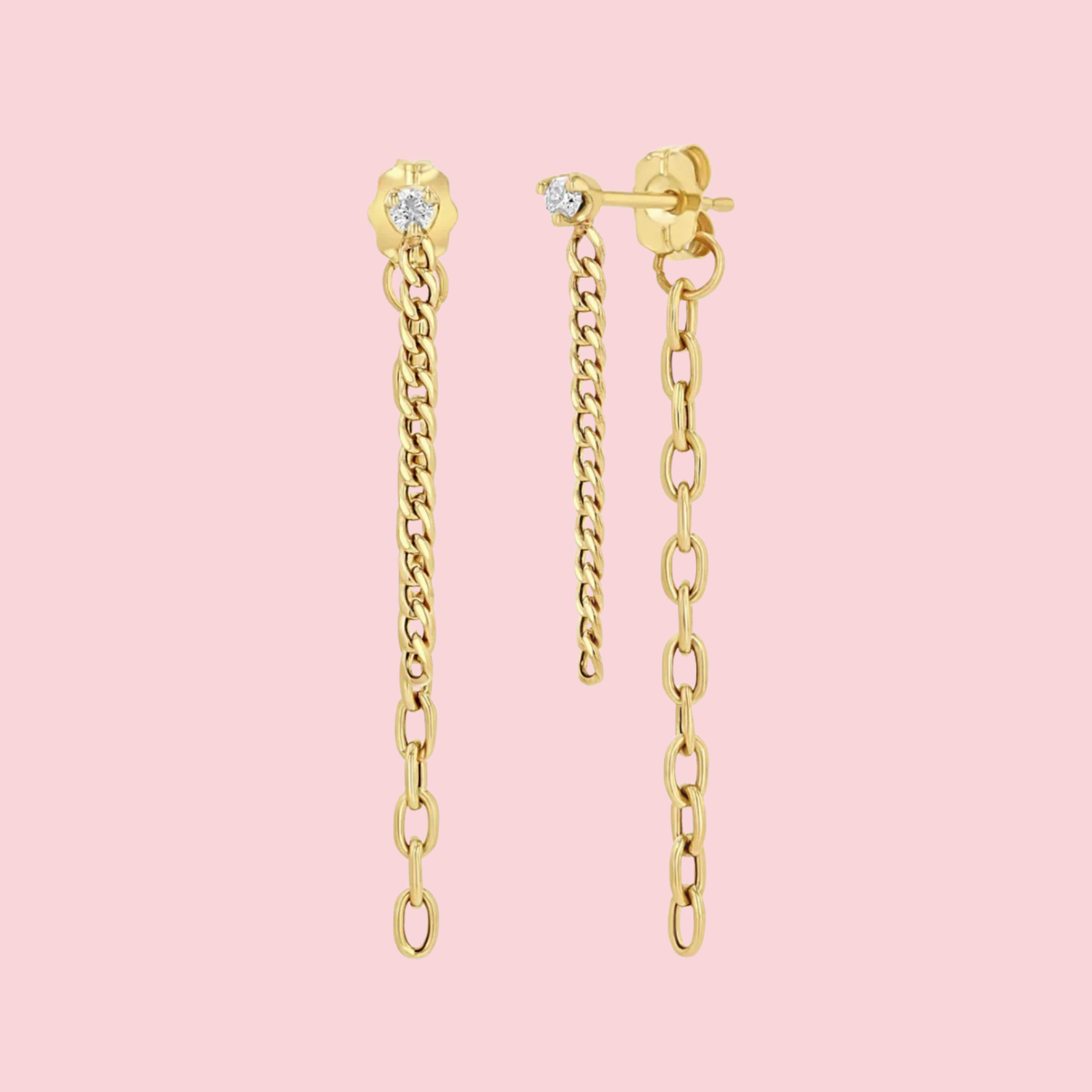 14k Prong Diamond Mixed Chain Double Drop Earrings