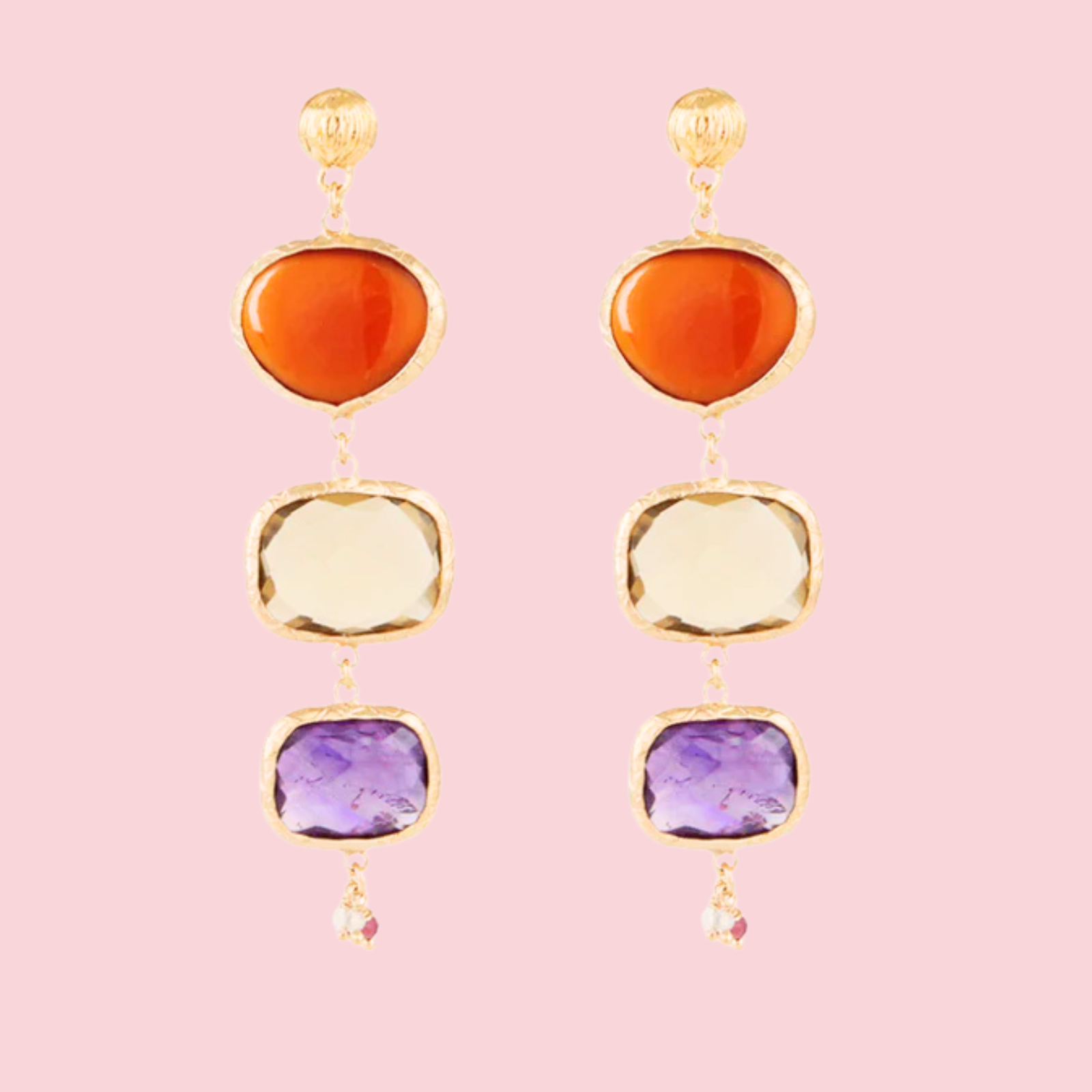 Silene earrings gold - Carnelian, Clear Yellow Calcite & Amethyst