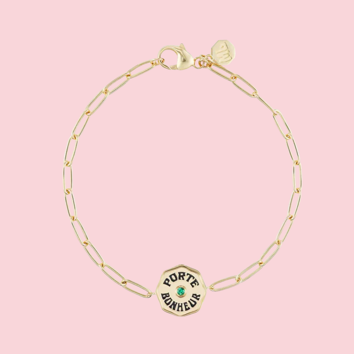 Petite Porte Bonheur Bracelet with Black Enamel and Emerald Center Stone in Yellow Gold