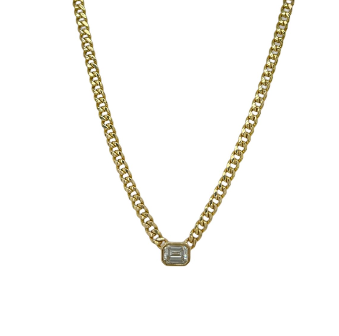 Bezel Emerald Diamond Cuban Necklace - Millo Jewelry