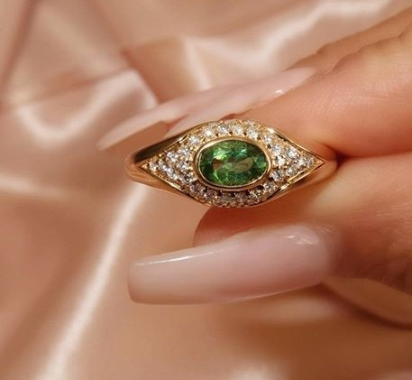 14K YELLOW GOLD DIAMOND GREEN TOURMALINE EVIL EYE DOME RING - Millo Jewelry