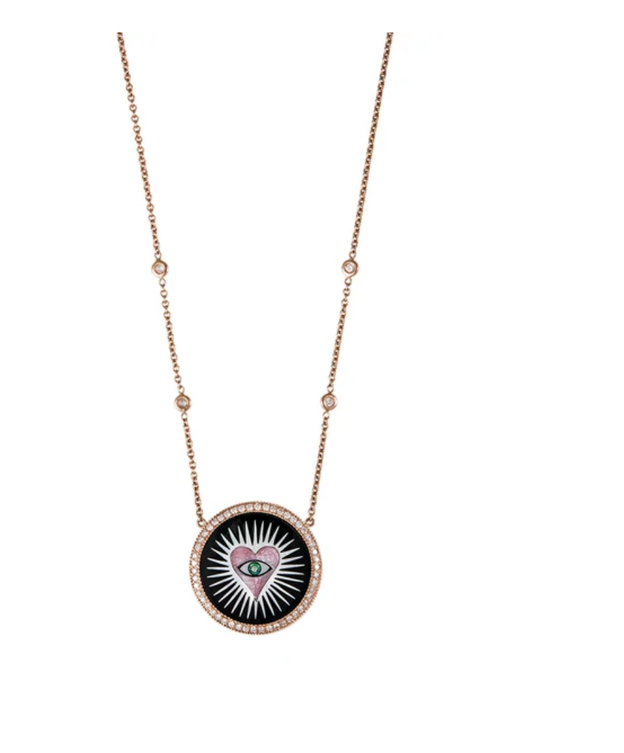 SMALL PAVE ROUND ONYX INLAY PINK HEART BURST NECKLACE - Millo Jewelry