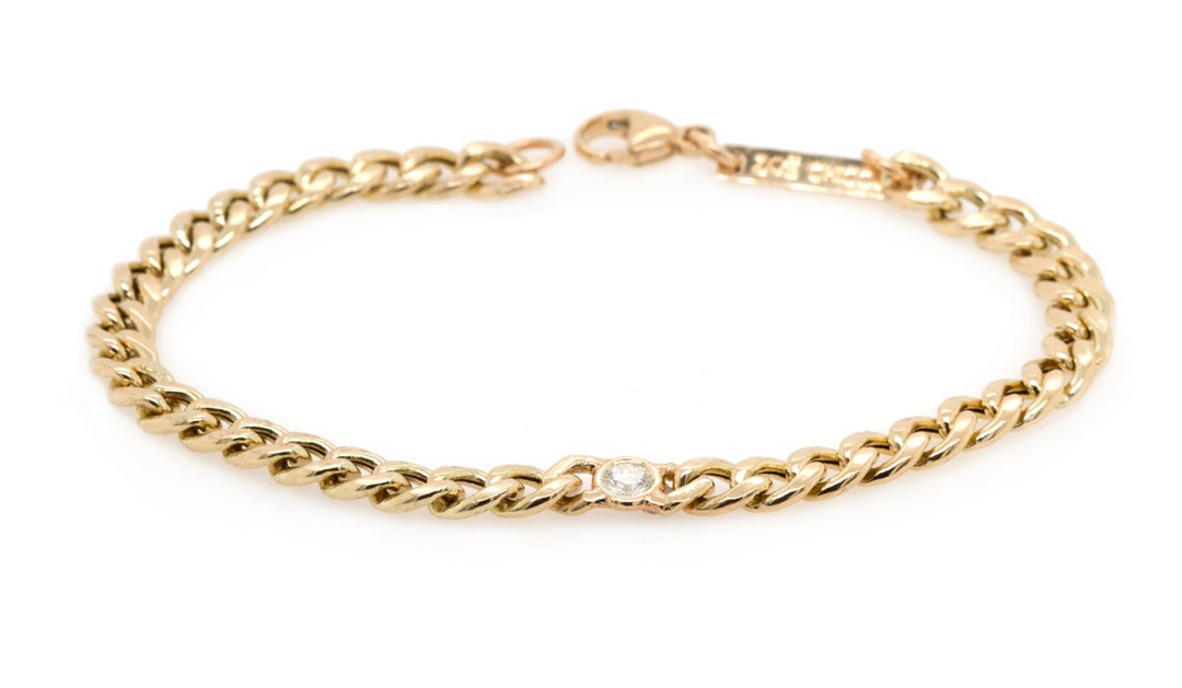 14kt Gold Medium Curb Chain Bracelet with Single Floating Diamond - Millo Jewelry