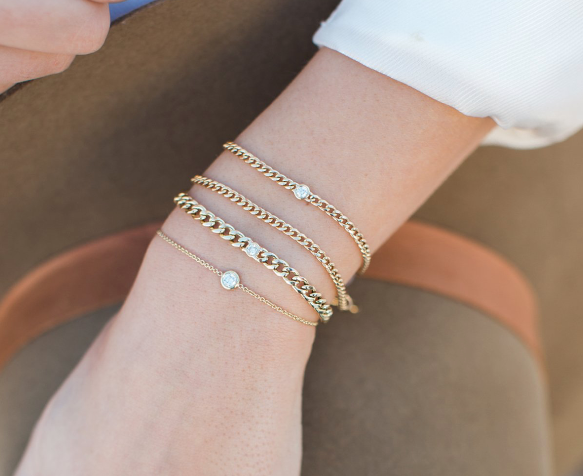 14kt Gold Medium Curb Chain Bracelet with Single Floating Diamond - Millo Jewelry