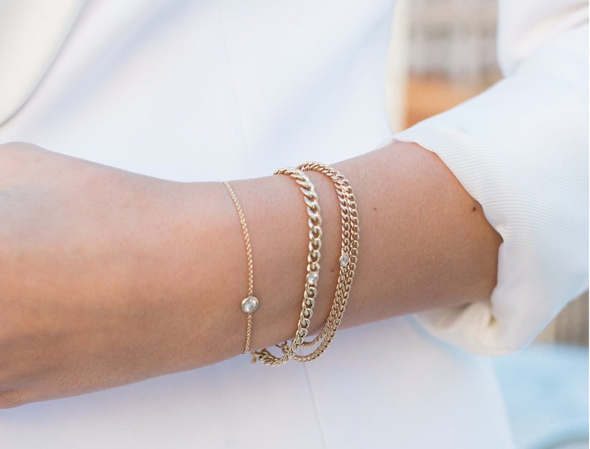 14kt Gold Small Curb Chain Bracelet with Single Floating White Diamond - Millo Jewelry