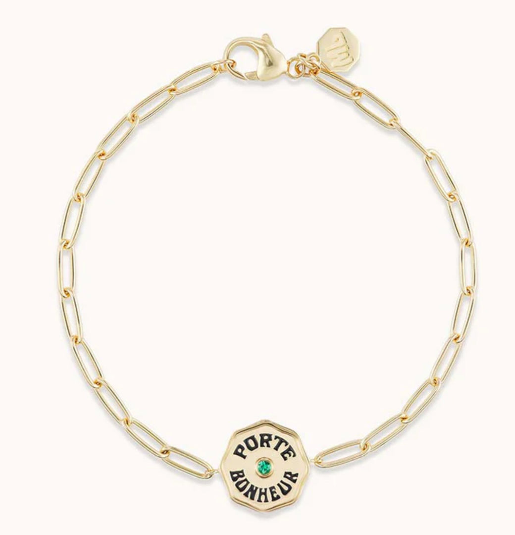 Petite Porte Bonheur Bracelet with Black Enamel and Emerald Center Stone in Yellow Gold