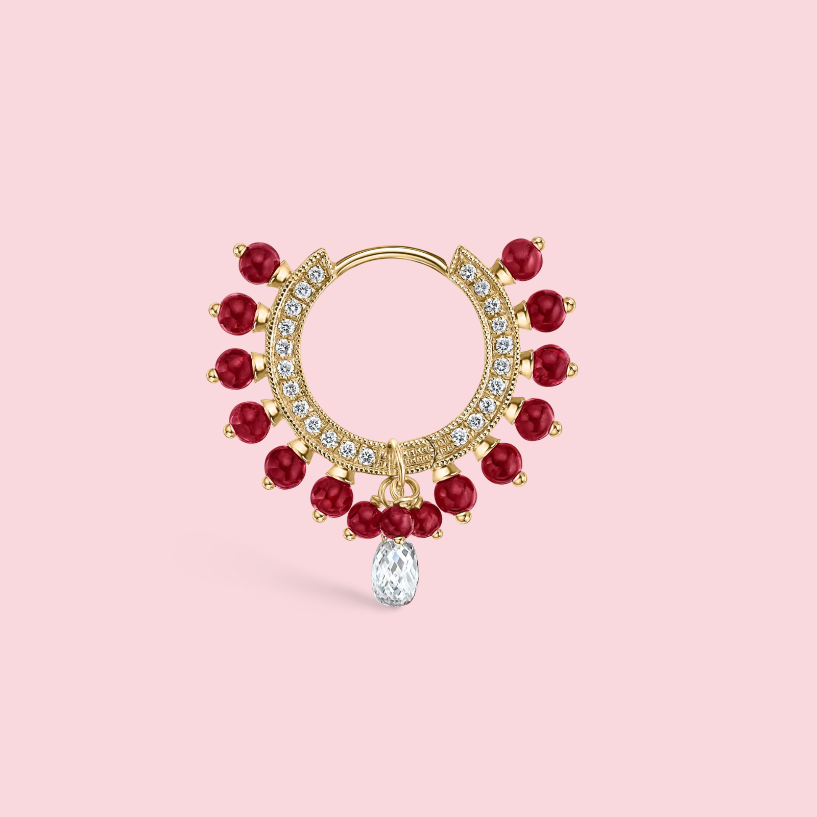 Pavé Diamond Ruby Coronet with Diamond Briolette Hoop Earring