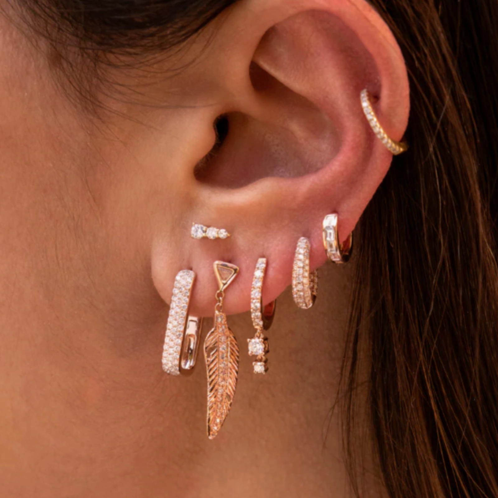 Pave Trillion + Gold Feather Earrings