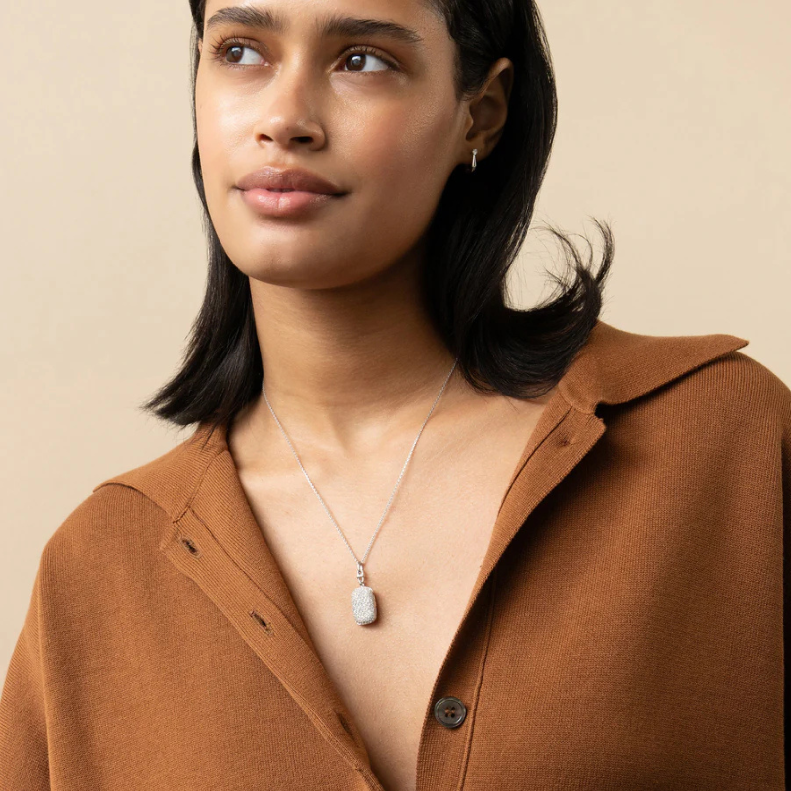 Slim Fran" Sterling Silver Locket Necklace with White Sapphire