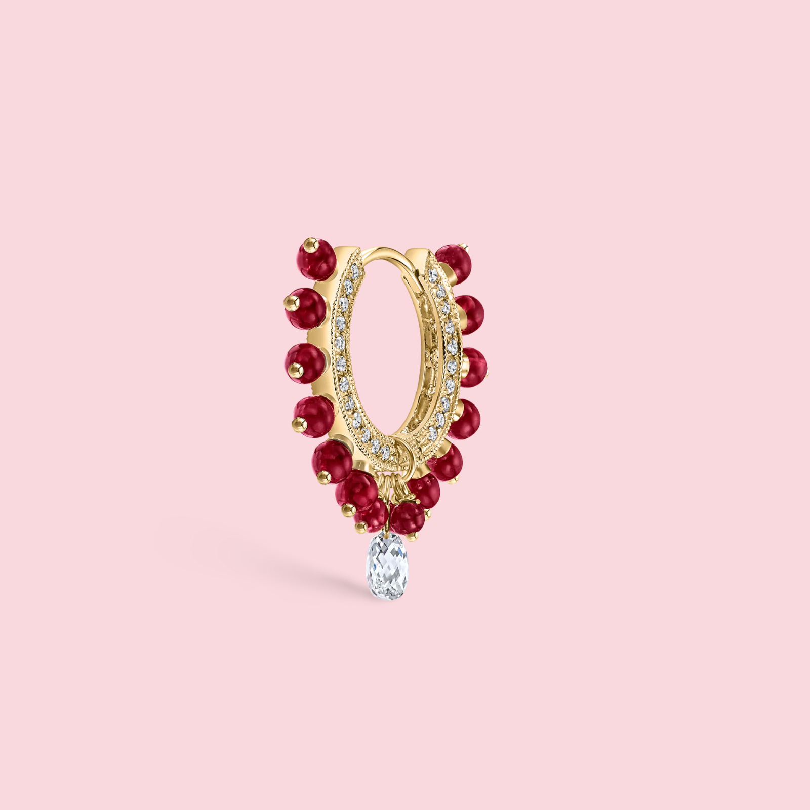 Pavé Diamond Ruby Coronet with Diamond Briolette Hoop Earring