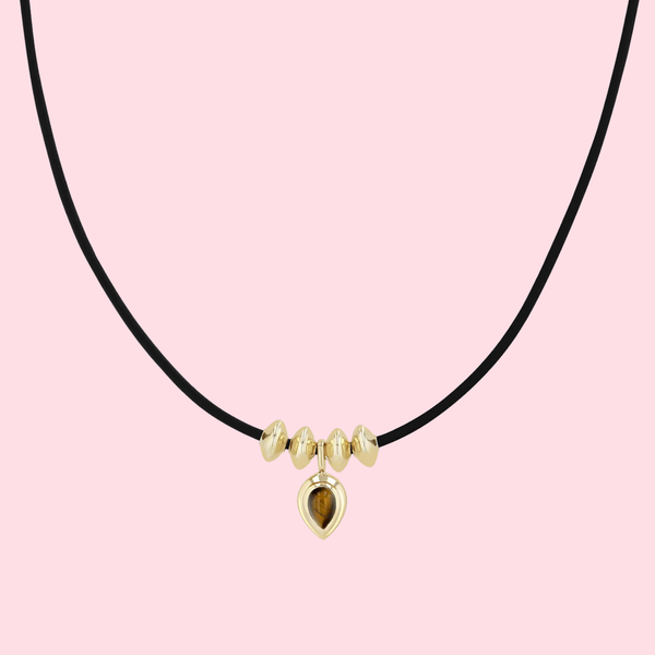 Pear Tiger Eye Pendant & Pointed Bead Leather Cord Necklace
