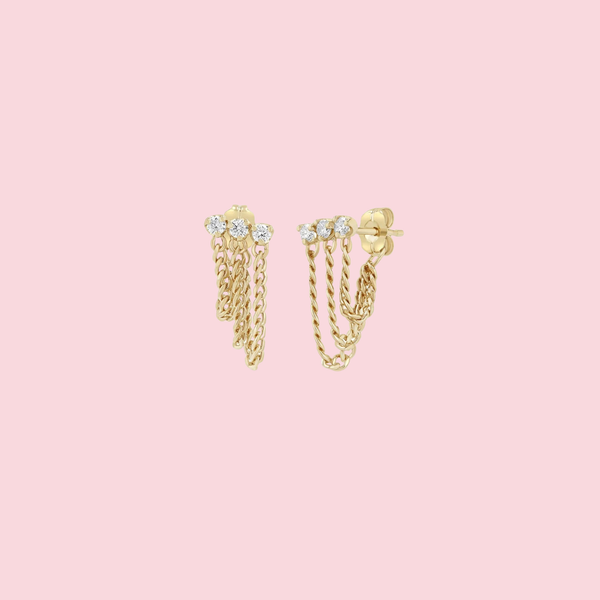 Prong Diamond & Curb Chain Huggie Waterfall Earrings