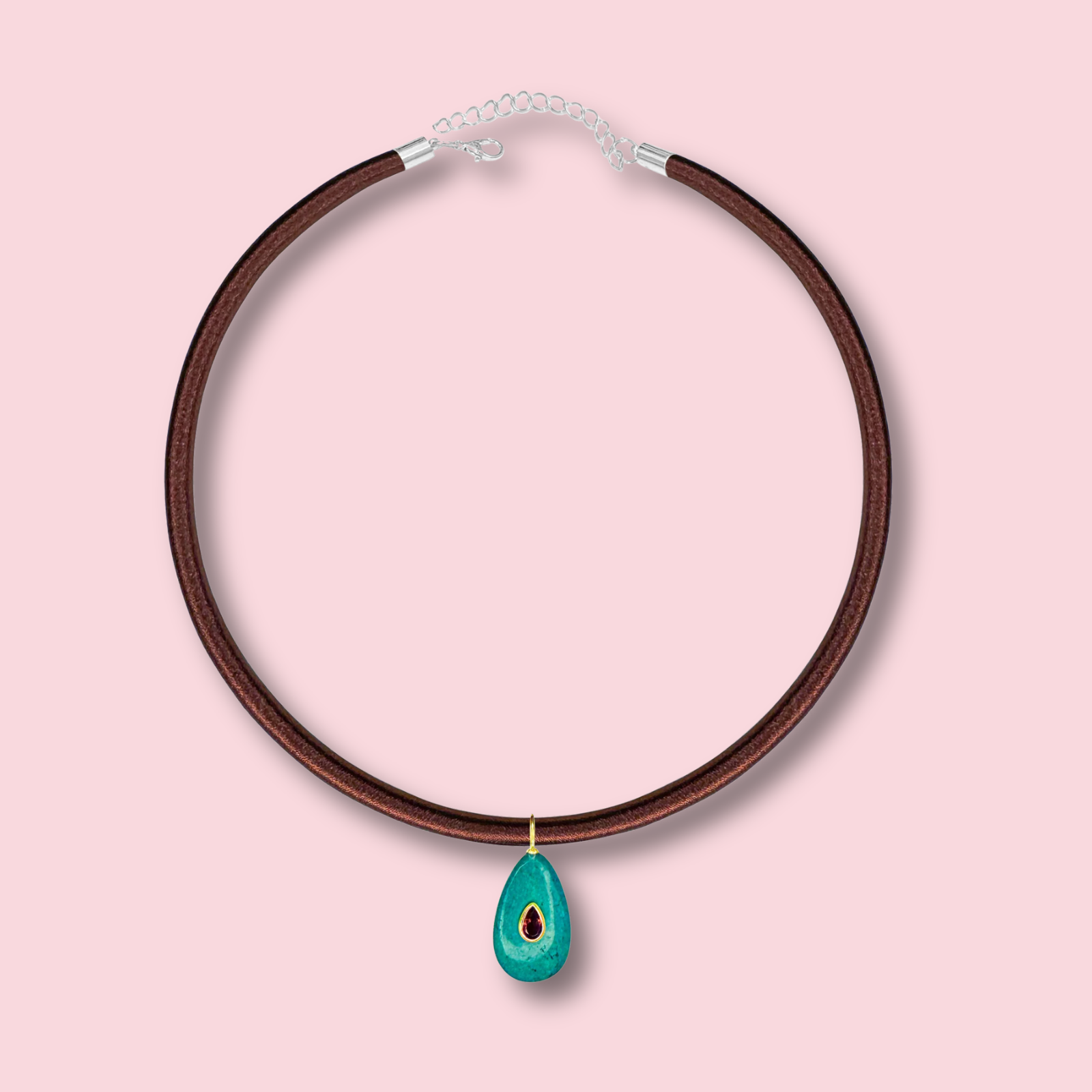 Chocolate Brown Silk Cord Choker With Turquoise Pear Shape Charm