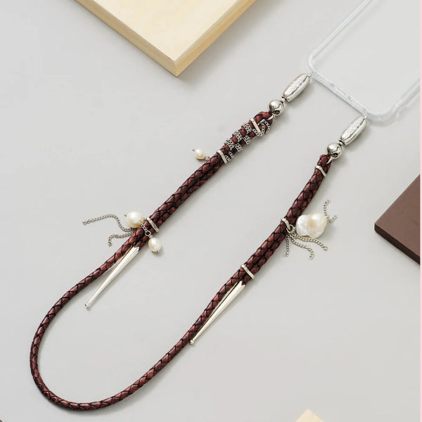 Leather Bolo and Pearl Shoulder Length