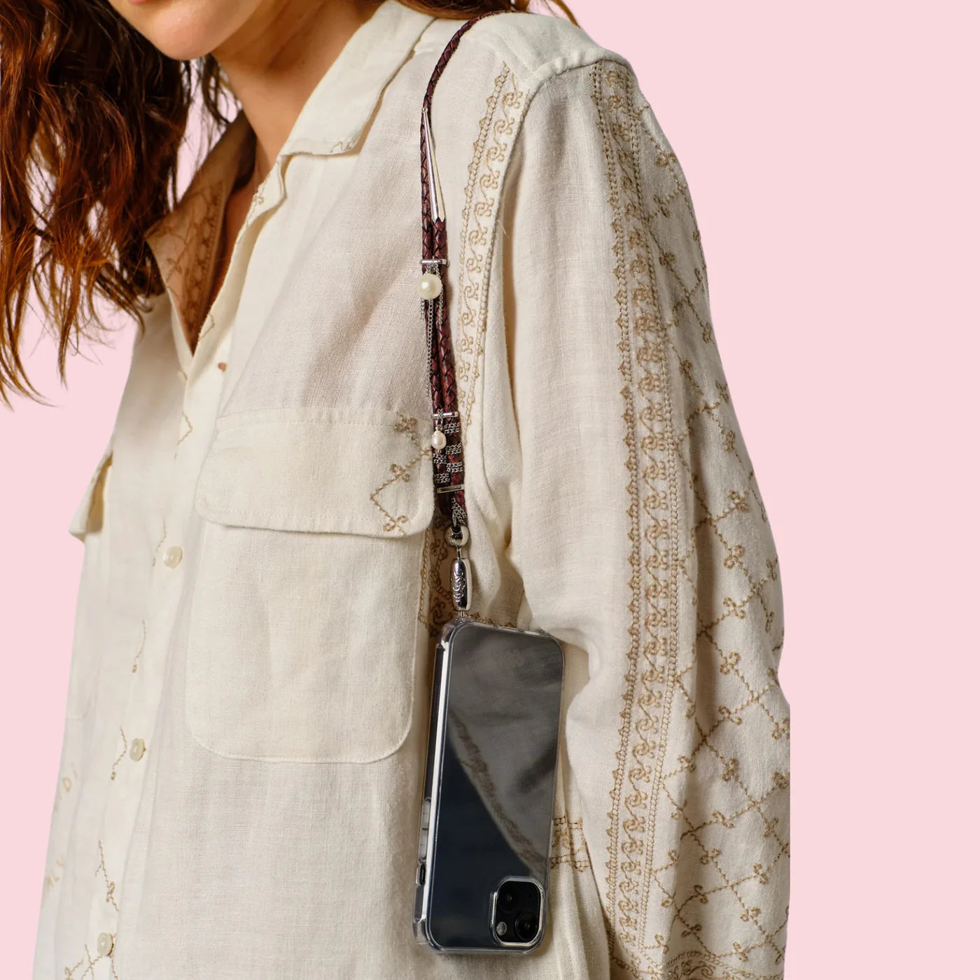 Leather Bolo and Pearl Shoulder Length