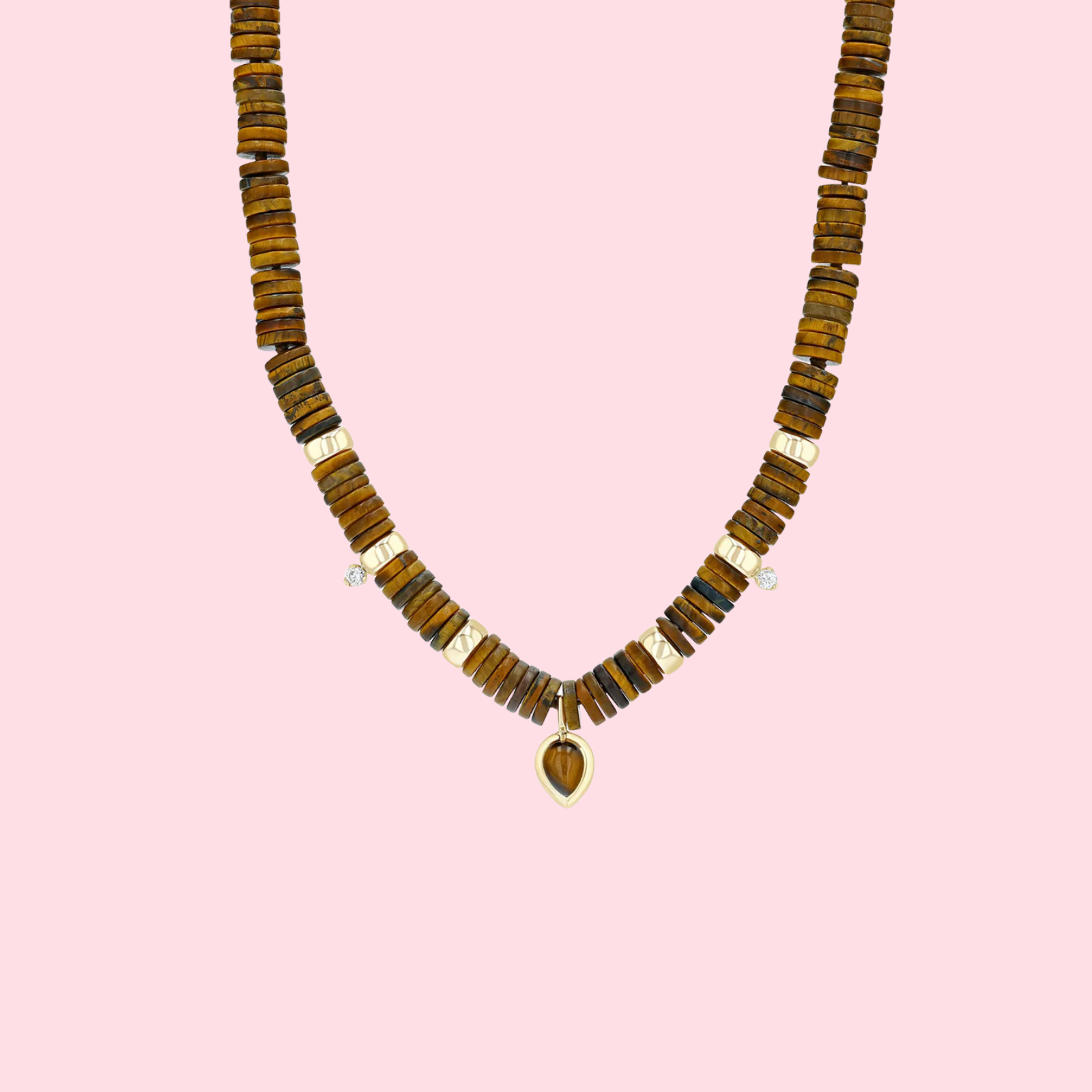 Pear Tiger Eye Pendant Heishi Bead Necklace with 2 Prong Diamonds