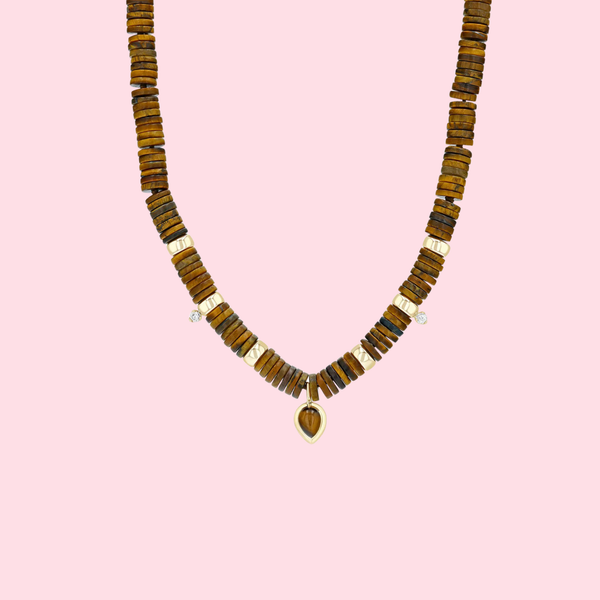 Pear Tiger Eye Pendant Heishi Bead Necklace with 2 Prong Diamonds