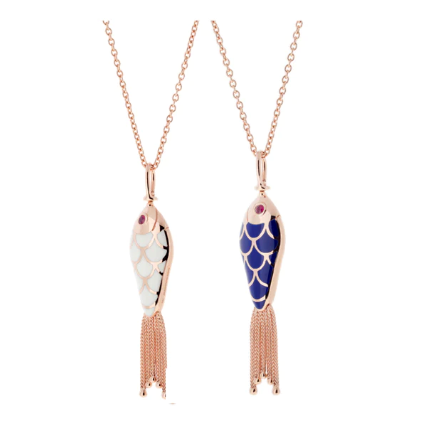 FISH FOR LOVE PENDANT WHITE & NAVY BLUE ENAMEL SET WITH RUBIES - Millo Jewelry