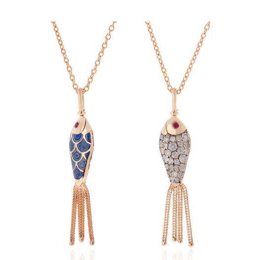 FISH FOR LOVE PENDANT WITH NAVY BLUE ENAMEL SET WITH ICY GREY DIAMONDS & RUBIES - Millo Jewelry