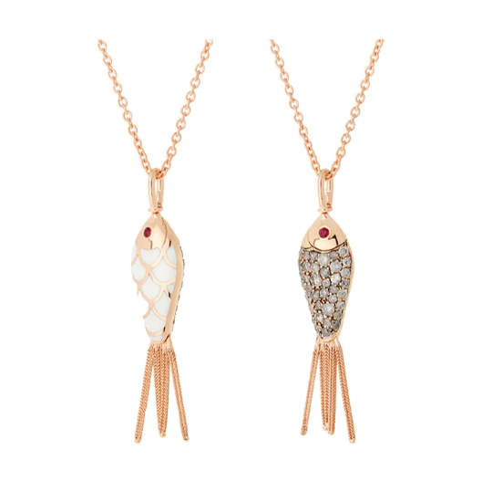 FISH FOR LOVE PENDANT- IVORY ENAMEL SET WITH ICY GREY DIAMONDS AND RUBIES - Millo Jewelry
