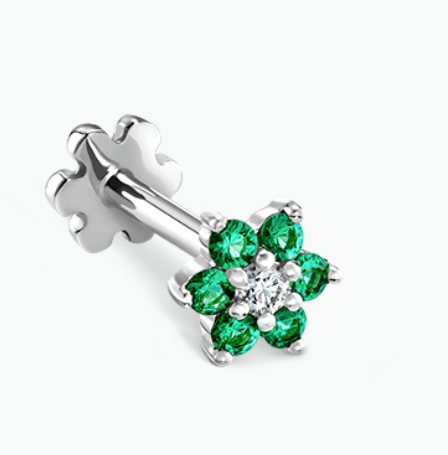 Emerald and Diamond Flower Threaded Stud Earring - Millo Jewelry