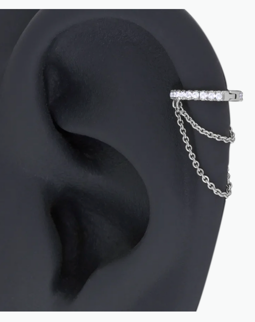 6.5 mm Diamond Eternity with Two Chains Hoop Earring - Millo Jewelry
