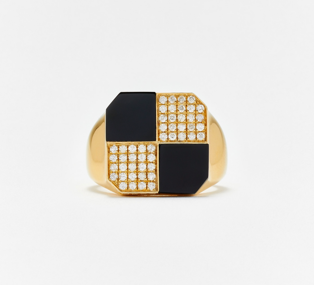 BAGUE PETIT DAMIER ONYX OR JAUNE - Millo Jewelry