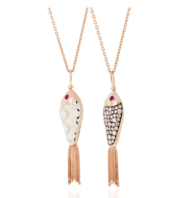 SELIM MOUZANNAR FISH PENDANT SET WHITE ENAMEL ICEY GREY DIAMONDS - RUBIES - Millo Jewelry