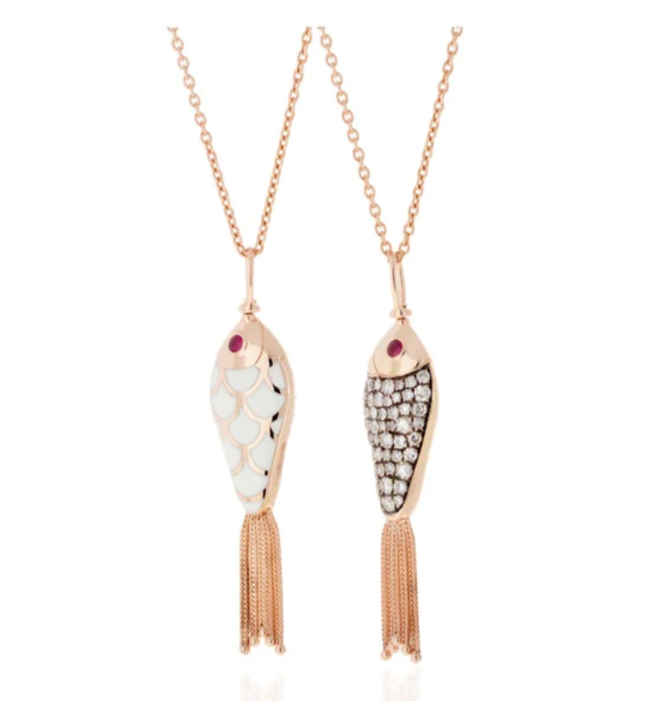 SELIM MOUZANNAR FISH PENDANT SET WHITE ENAMEL ICEY GREY DIAMONDS - RUBIES - Millo Jewelry