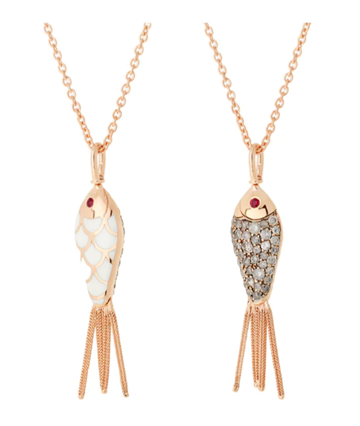 SELIM MOUZANNAR FISH PENDANT SET WHITE ENAMEL ICEY GREY DIAMONDS - RUBIES - Millo Jewelry
