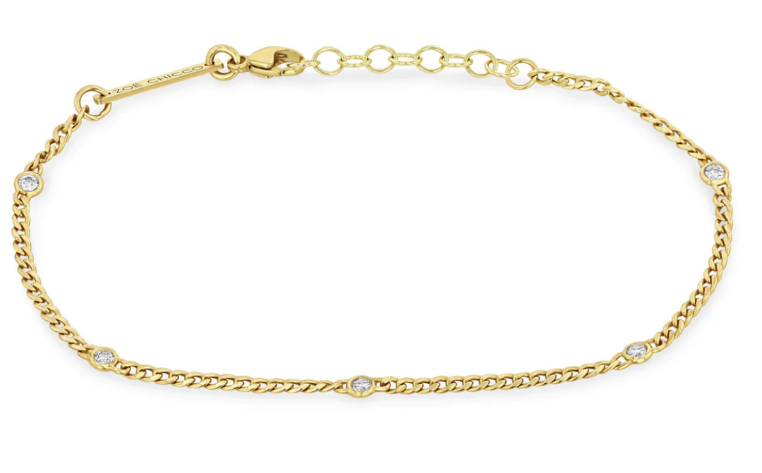 14K EXTRA SMALL CURB CHAIN BRACELET WITH 5 FLOATING DIAMONDS - Millo 