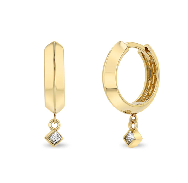 14K DANGLING PRINCESS DIAMOND KNIFE EDGE HINGE HUGGIE HOOPS - Millo 
