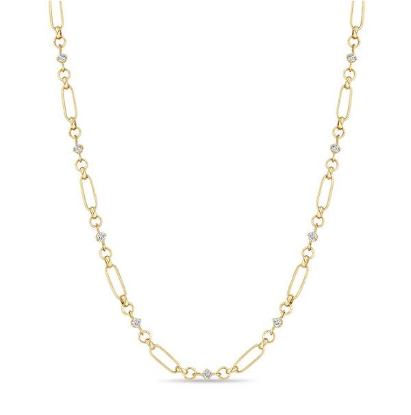 14K LINKED PRONG DIAMOND & MEDIUM PAPERCLIP ROLO CHAIN NECKLACE - Millo 