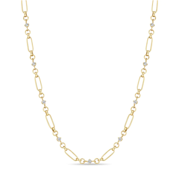 14K LINKED PRONG DIAMOND & MEDIUM PAPERCLIP ROLO CHAIN NECKLACE - Millo 