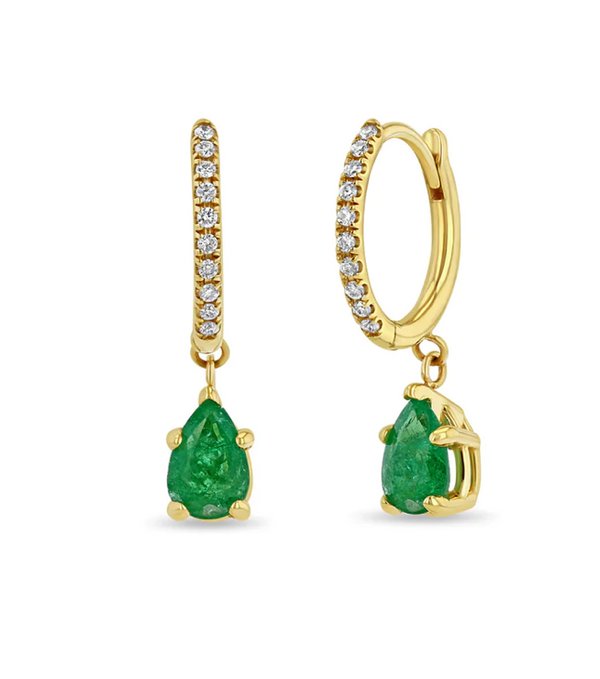 14K SMALL PAVÉ DIAMOND HINGE HUGGIE HOOPS WITH PEAR EMERALDS - Millo 