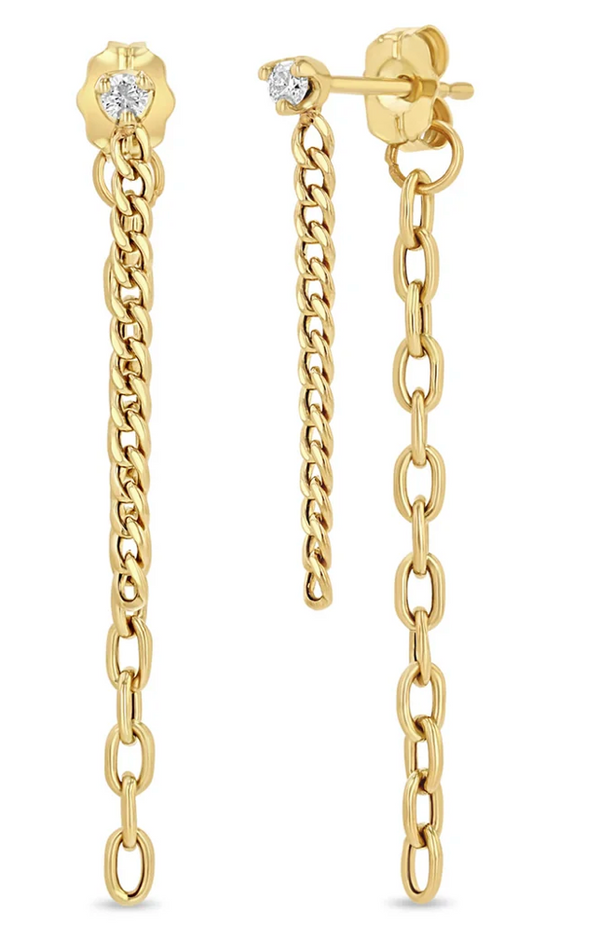 14K PRONG DIAMOND MIXED CHAIN DOUBLE DROP EARRINGS - Millo 