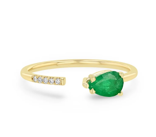 14K PEAR EMERALD & PAVÉ DIAMOND OPEN RING - Millo 