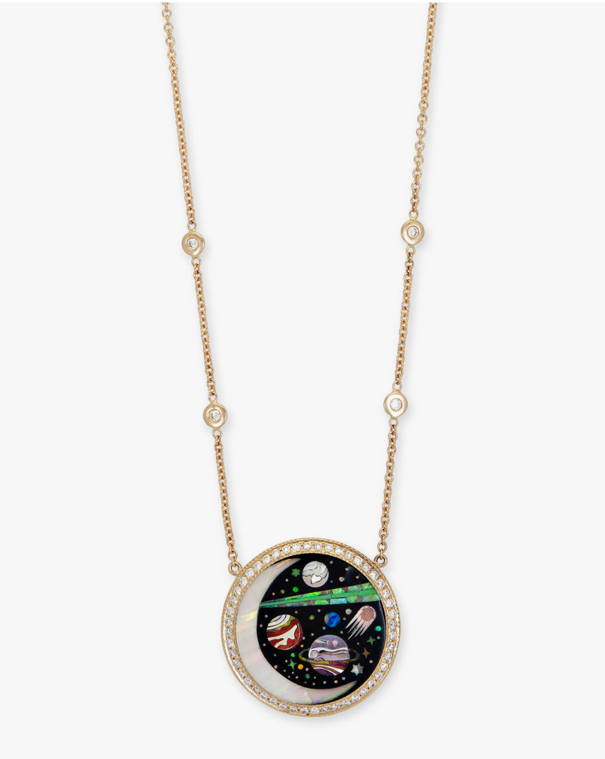 SMALL PAVE ROUND ONYX + OPAL CRESCENT GALAXY PLANET INLAY NECKLACE - Millo 